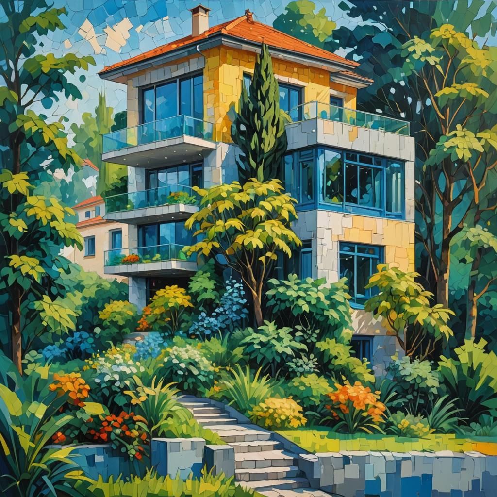 Modern Prague Villa Painting in Expressionist Style