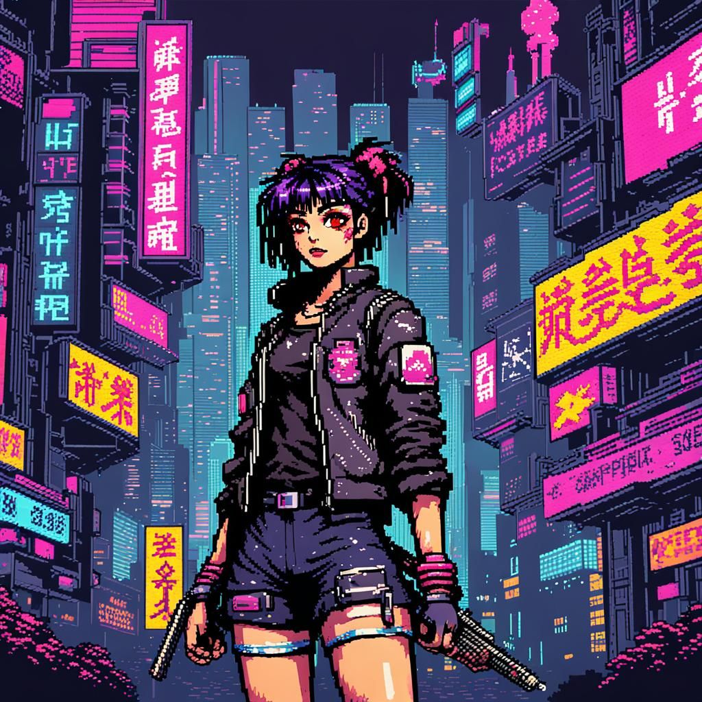 Grunge Asian Heroine in Cyberpunk Pixel Art