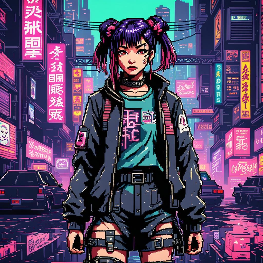 Cyberpunk Heroine in 16-bit Pixel Art Style