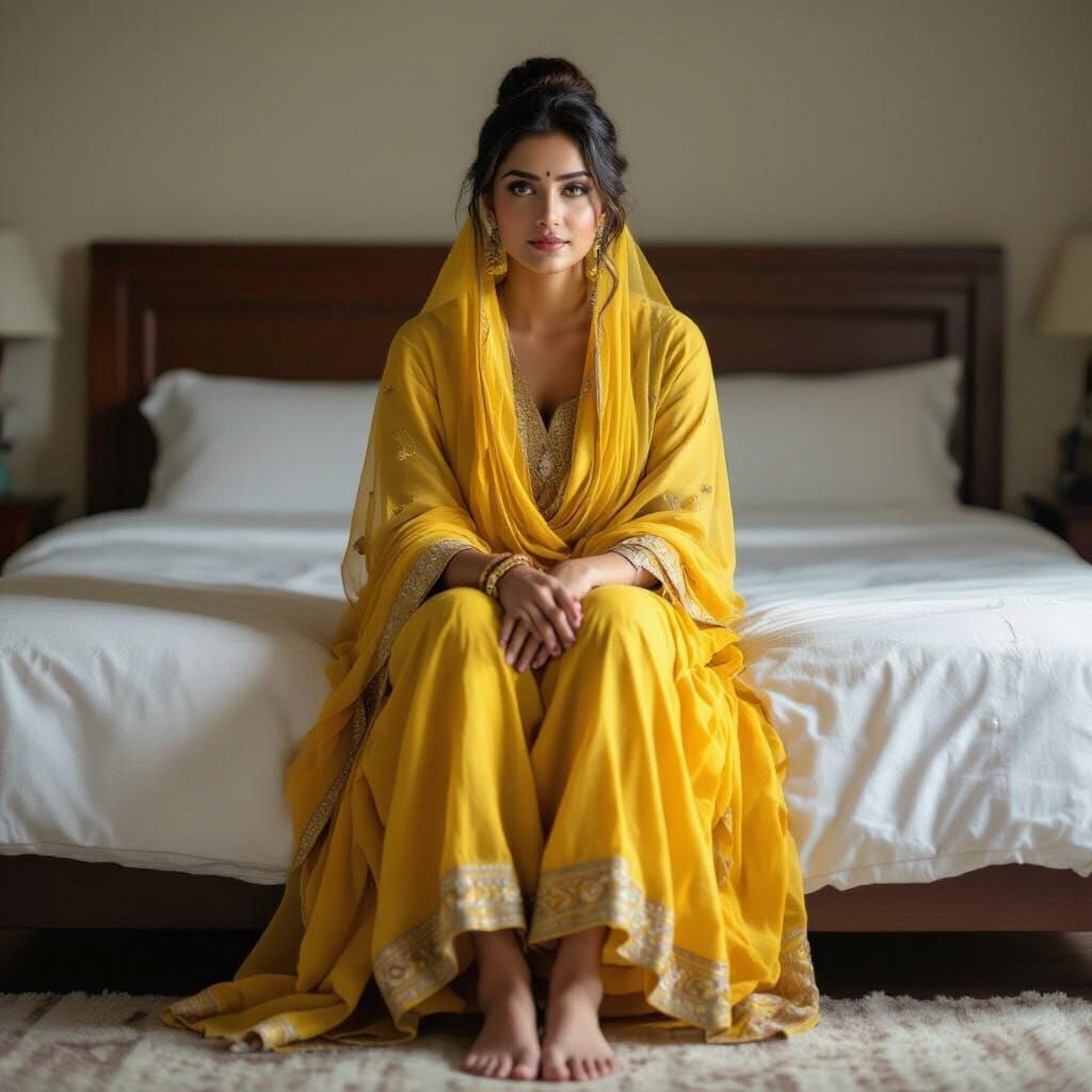 Indian Woman in Yellow Salwar Kameez Posed on Bed
