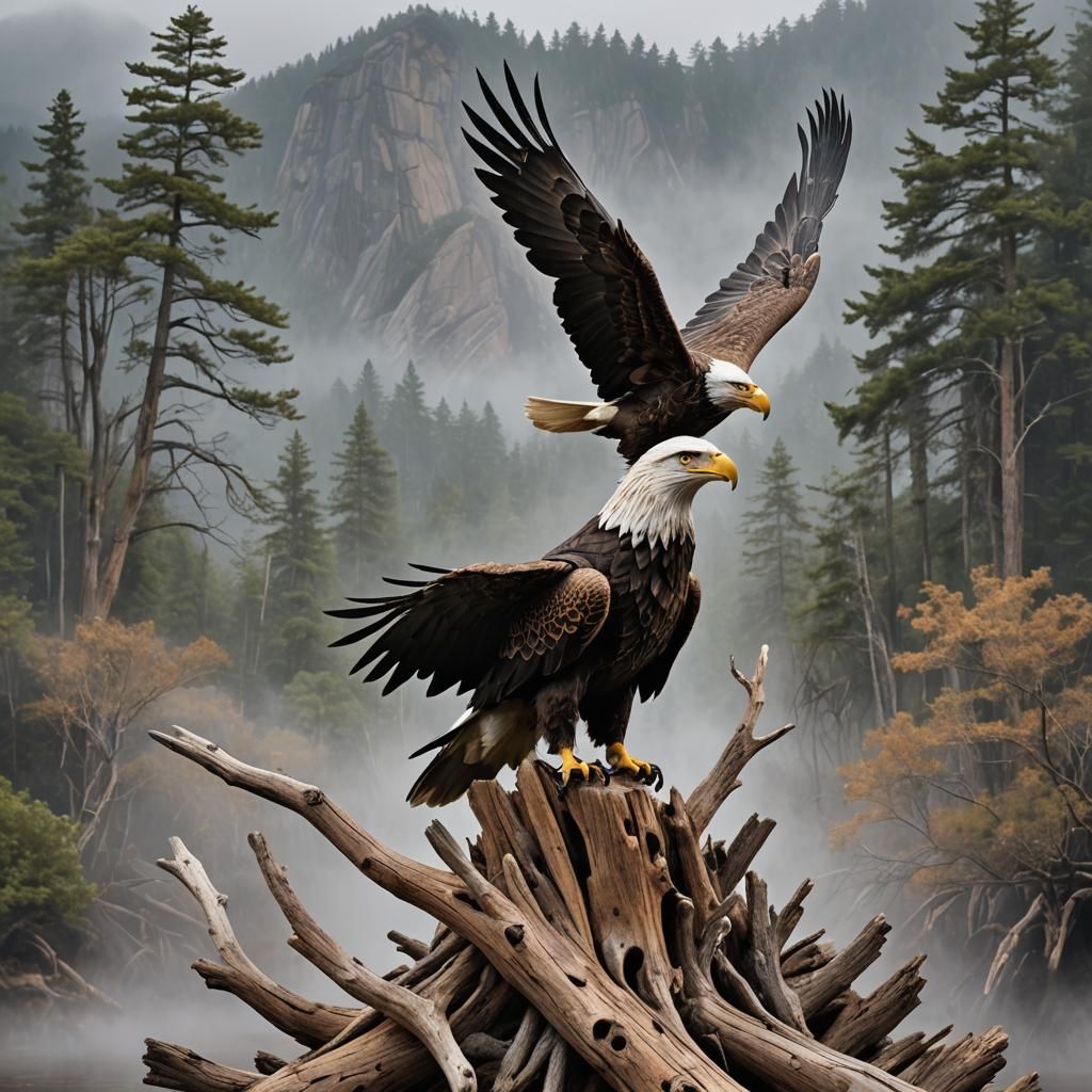 Driftwood Eagle Sculpture with Mountain Backdrop