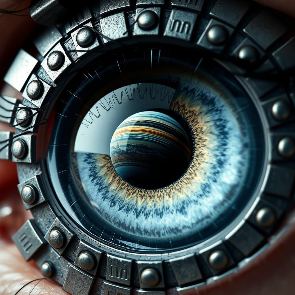 Futuristic Eye with Industrial Machinery and Celestial Pupil
