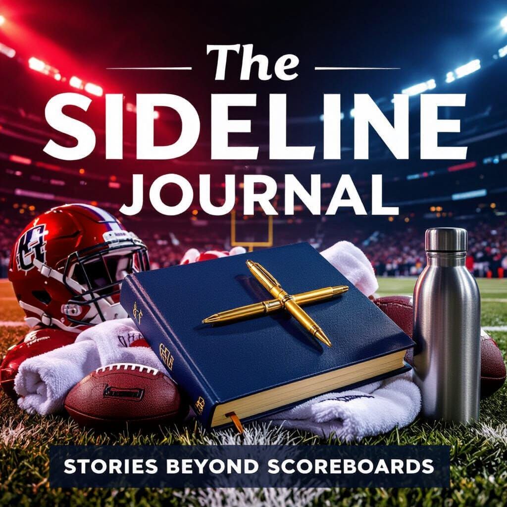 Stadium Sideline Journal Under Dramatic Red, Navy, Gold Ligh...