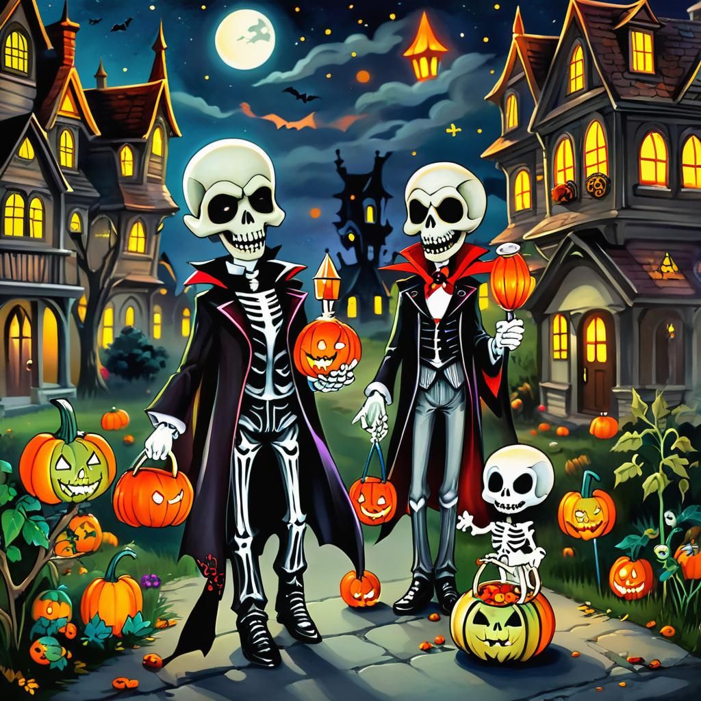 Chibi Skeleton and Dracula in Watercolor Style