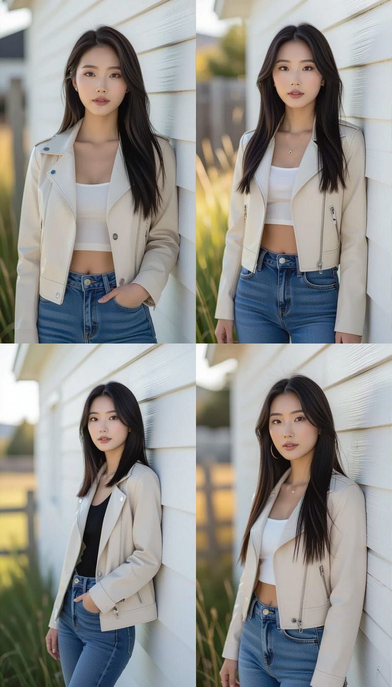 Young Korean Woman in Beige Jacket and Blue Jeans Outdoors