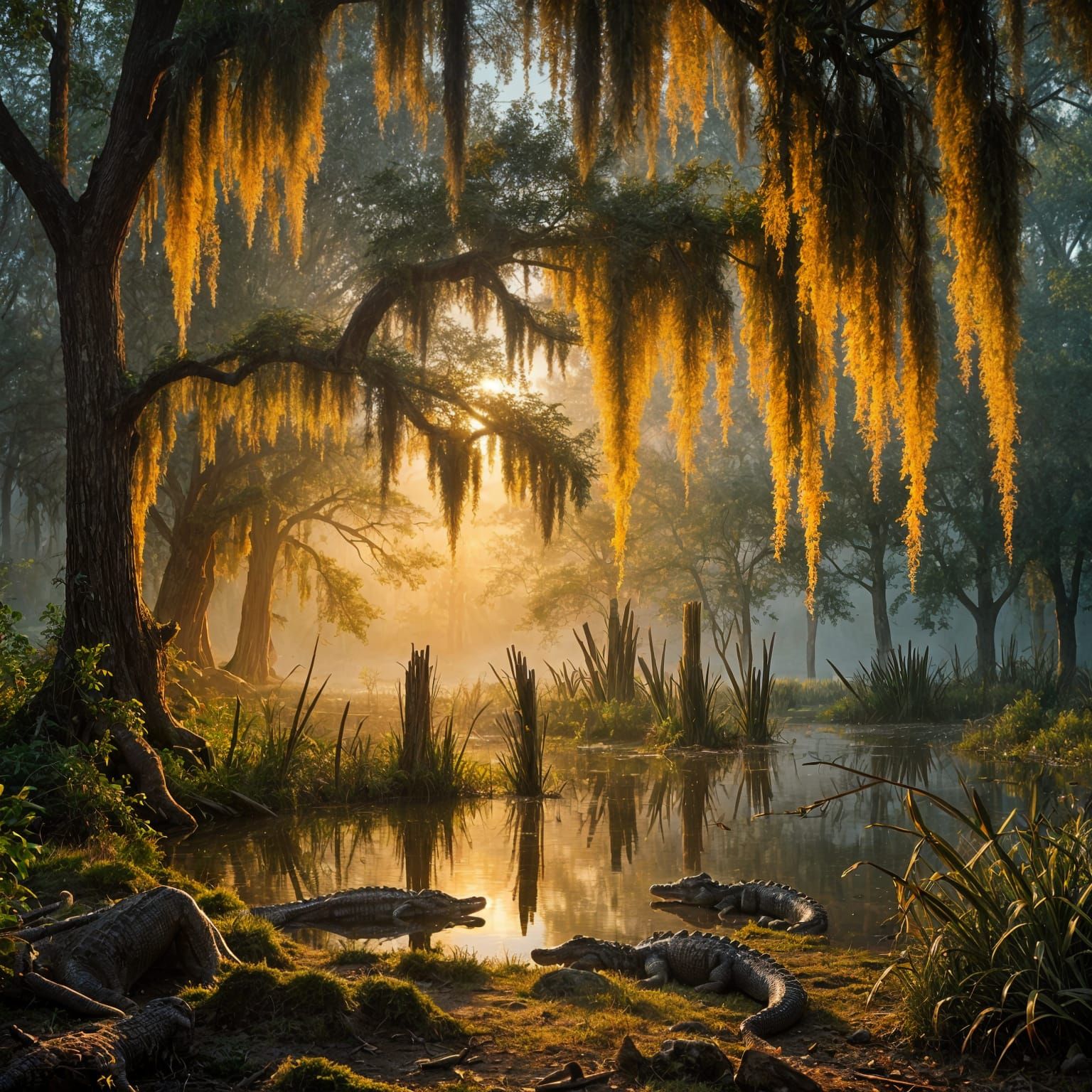 Gators Bask in Sunset Over Serene Lake