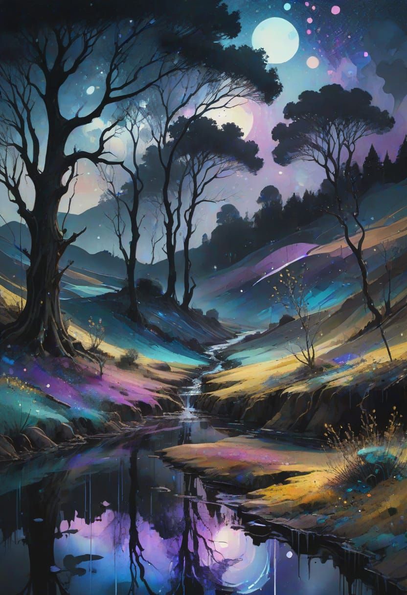 Dreamlike Surrealist Landscape in Vibrant Watercolors