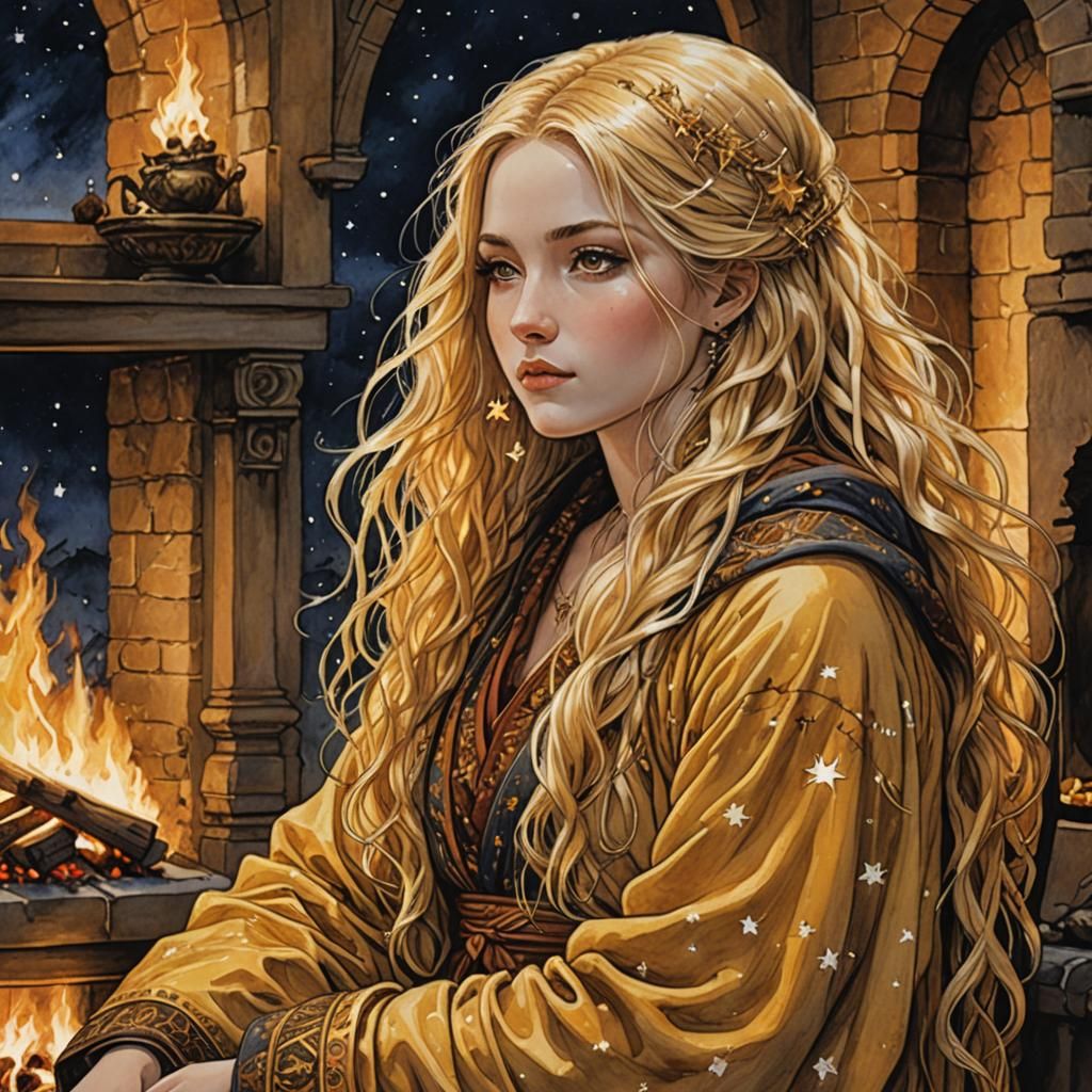 Girl by Firelight Under Stars, Fantasy Art