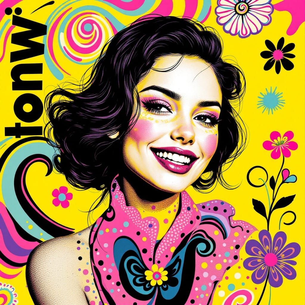 Psychedelic Portrait of a Charismatic Young Woman in 1960s S...