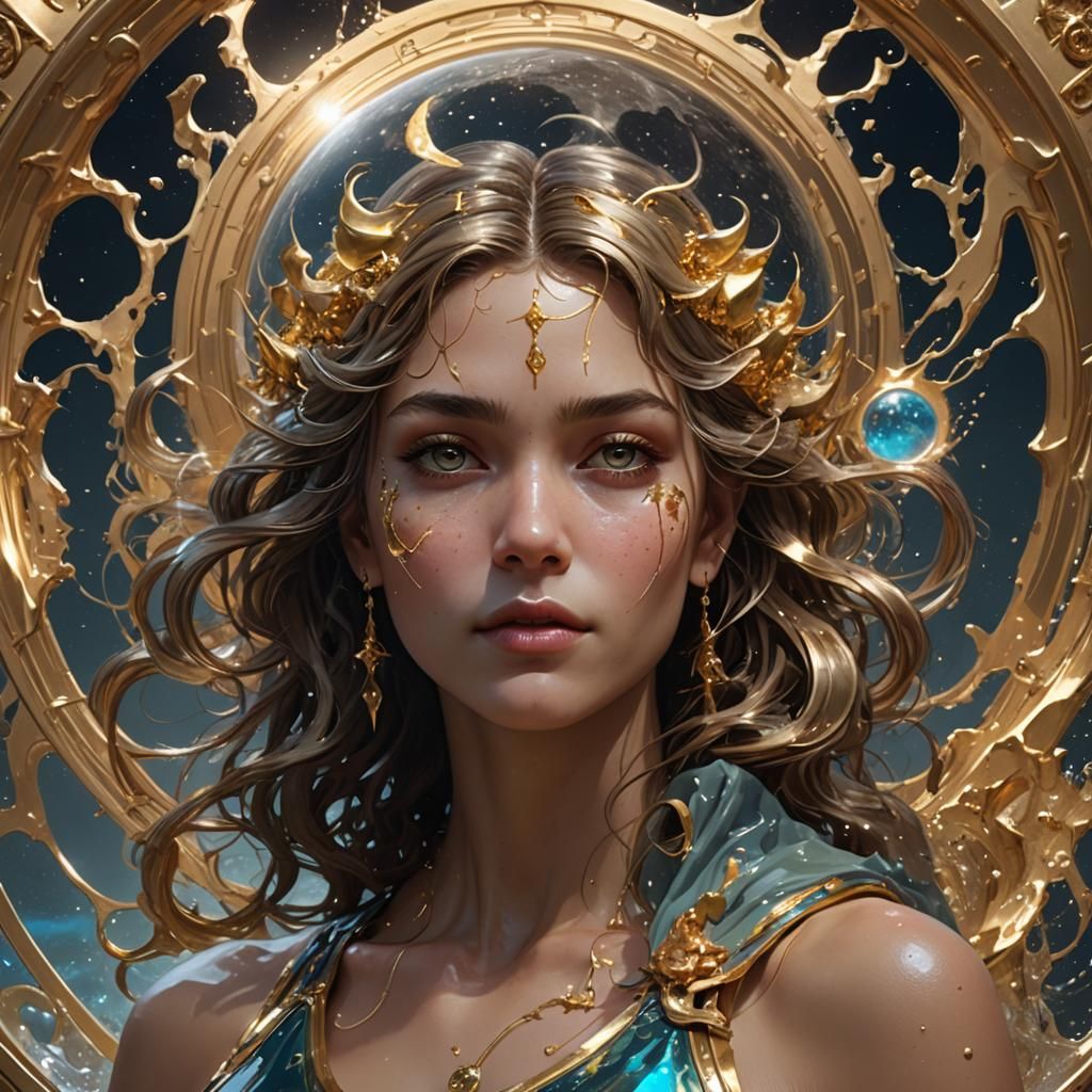 Ethereal Woman Rises from Golden Lunar Pool