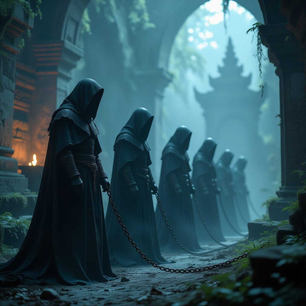 Spectral Soldiers Guarding Ancient Altar in Haunted Ruins