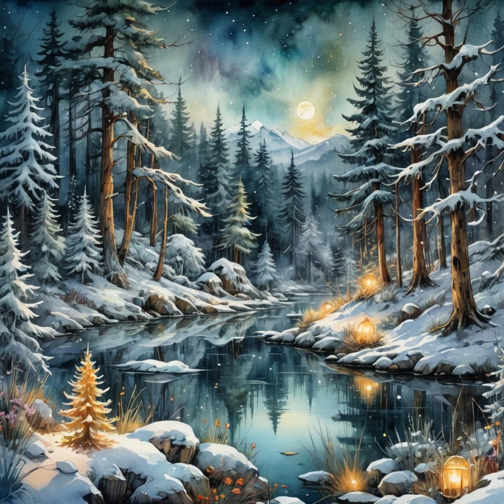 Winter Forest Landscape in Watercolor Style