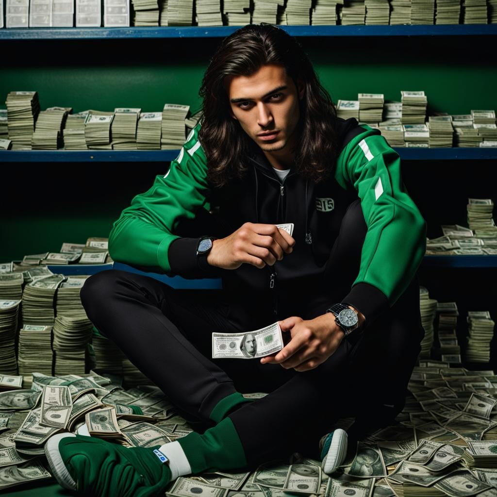 Young Serbian Man Counting Money in Dark Room