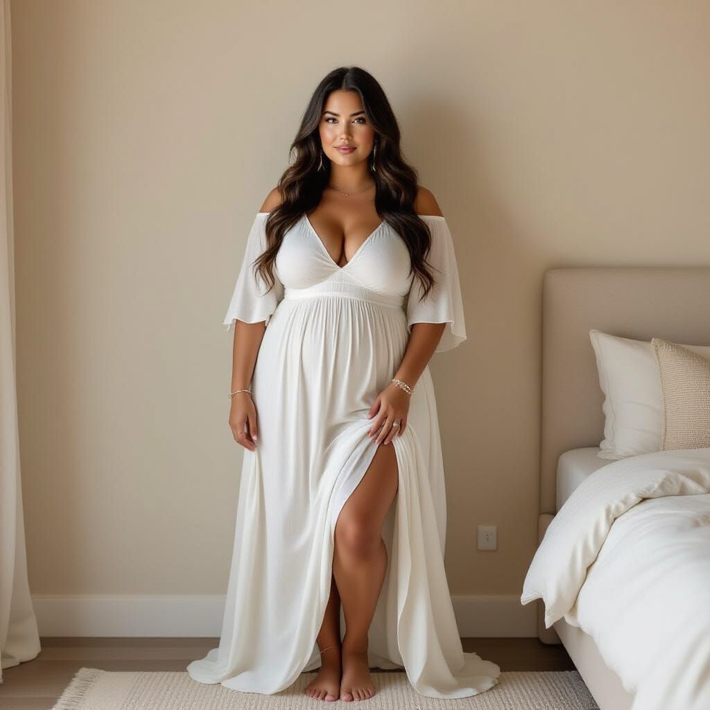 Photorealistic Portrait of Plus-Size Woman in Modern Bedroom