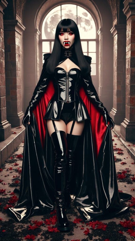 Dark Japanese Vampire Woman Strolls Through Abandoned Castle