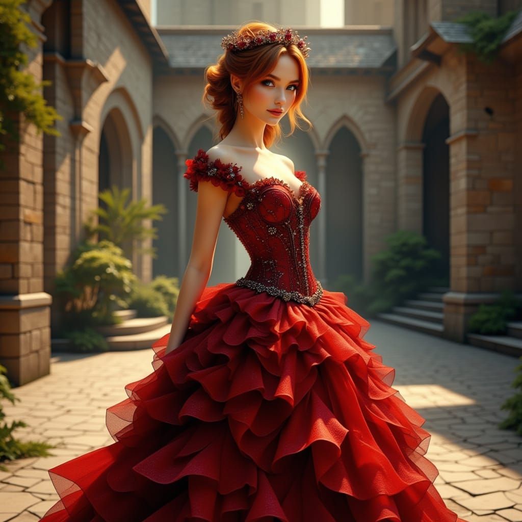 Elegant Princess in Red Gown with Flower Crown