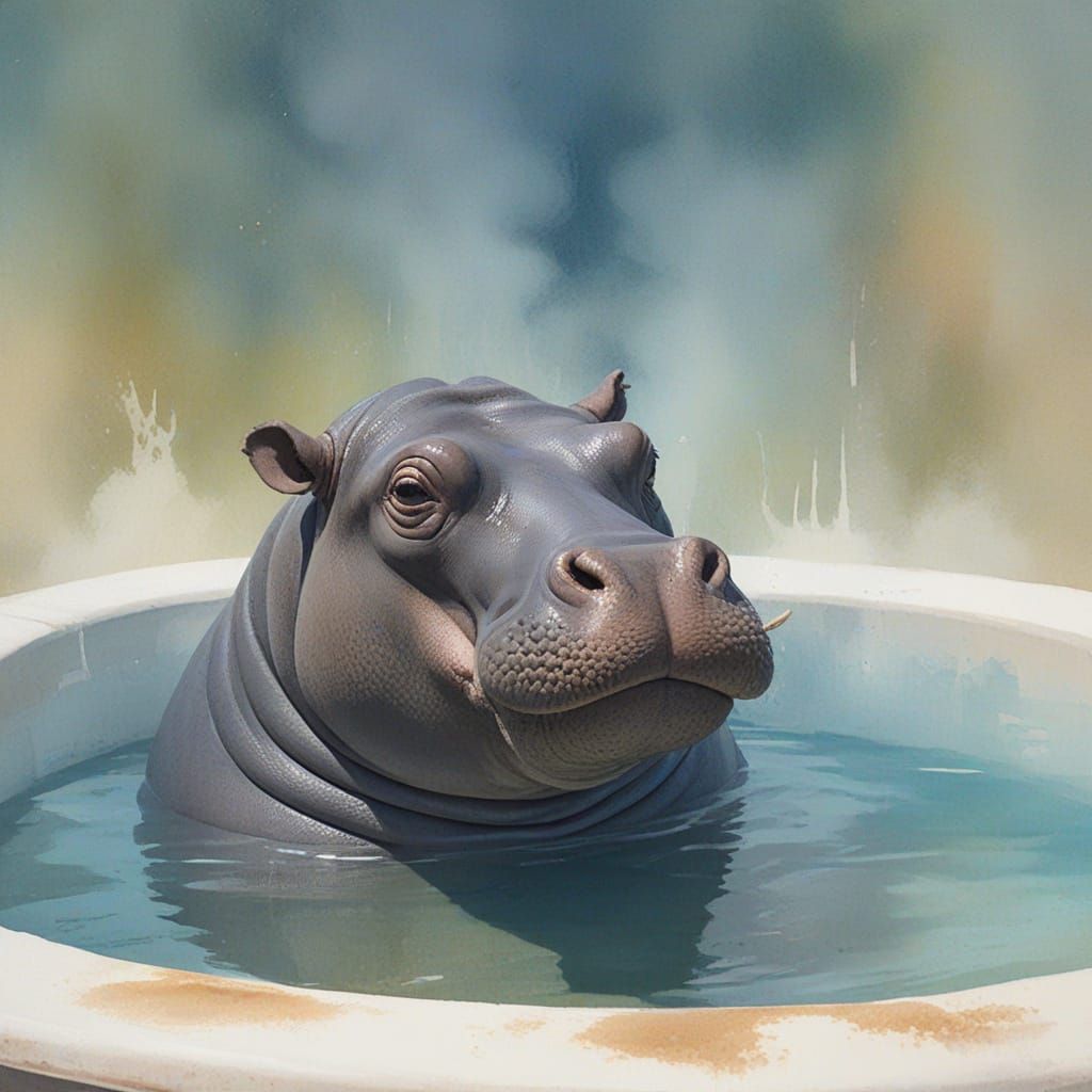 Hippo Enjoys Serene Watercolor Bath