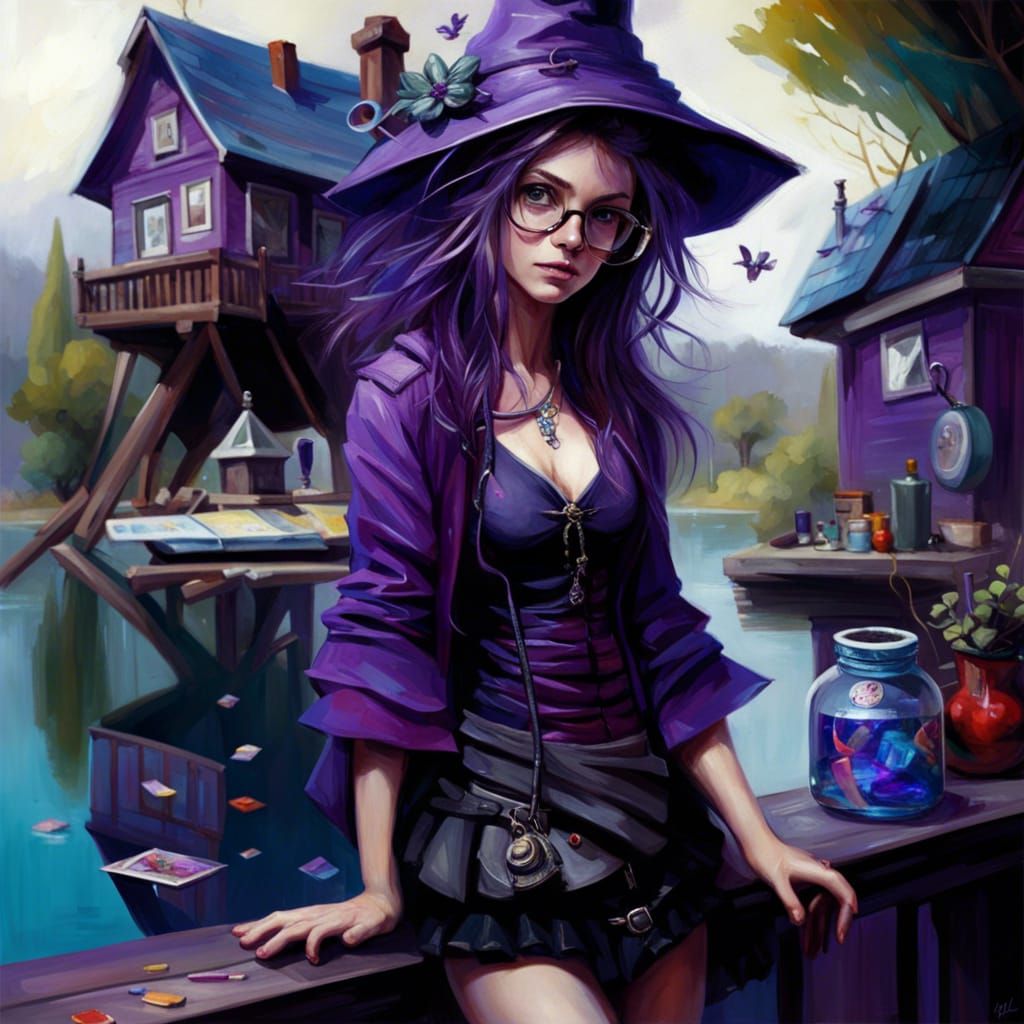 Nerdy Witch Portrait on Cluttered Lake House Patio