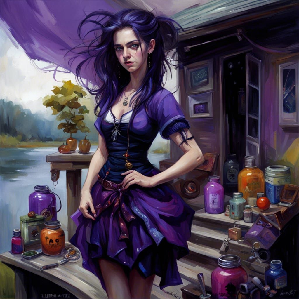 Windswept Witch Portrait on Lakeside Patio