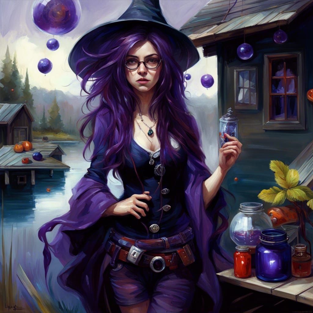 Whimsical Witch Portrait in Dark Violet Colors