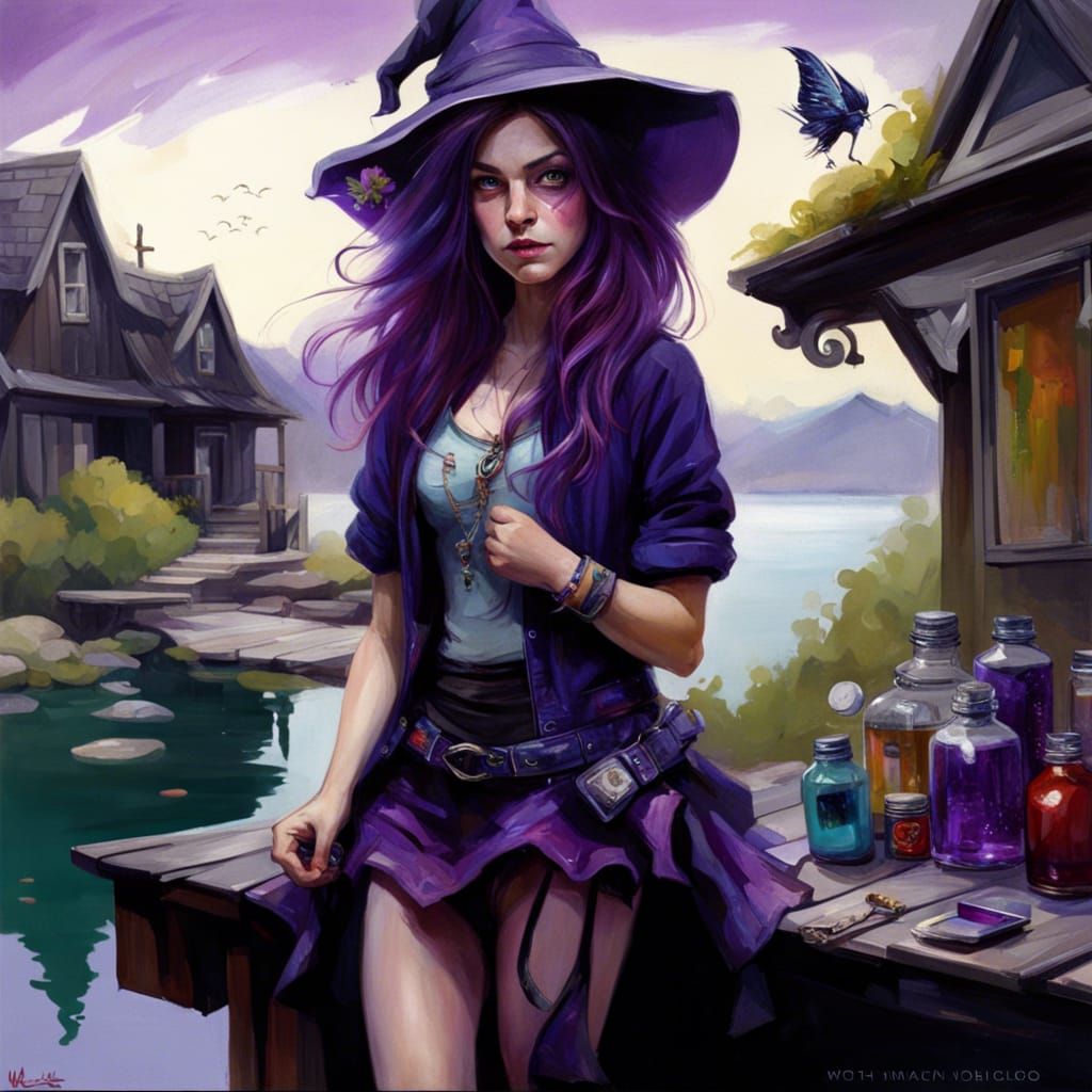 Windswept Nerdy Witch on Lakeside Patio