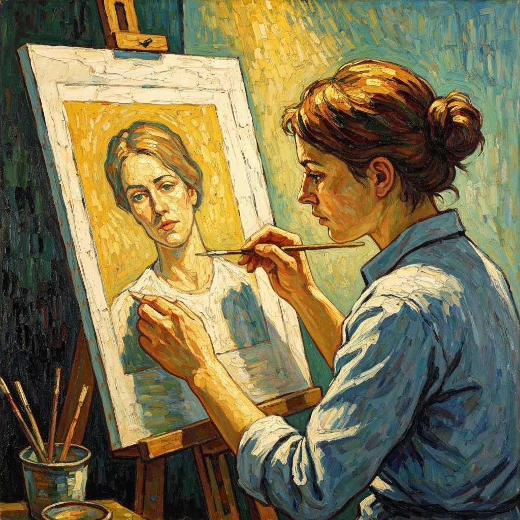 Female Artist Painting Portrait in Van Gogh Primitivism Styl...