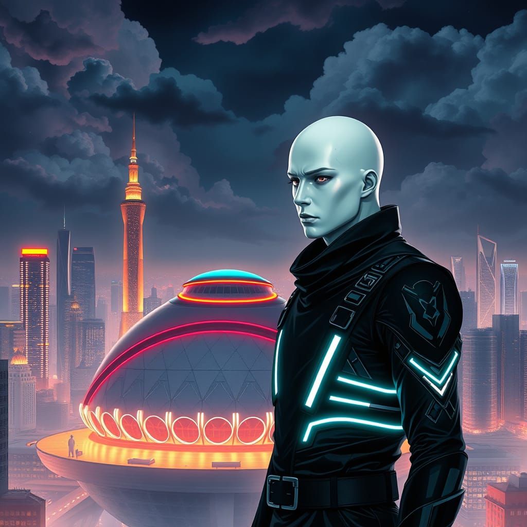 Cyberninja Stands Guard in Futuristic Utopian City