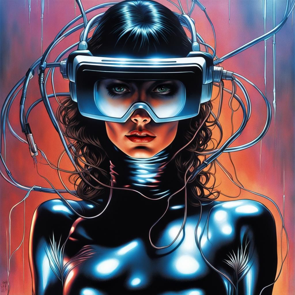 Woman in VR Goggles Submerged: Cyberpunk Comic Art