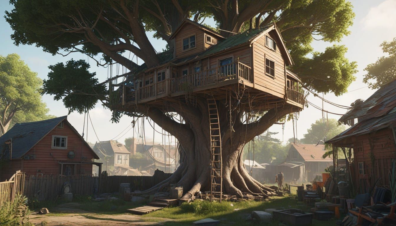 Post-Apocalyptic Treehouse Sanctuary in Suburban America