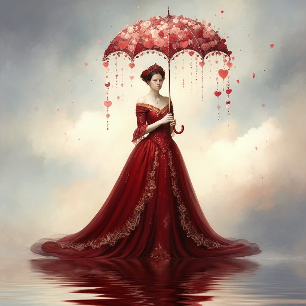 Ethereal Woman in Crimson Gown with Blooming Umbrella