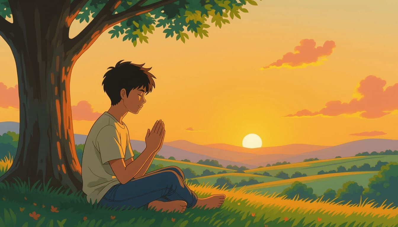 Young Man in Sunset Glow, Studio Ghibli Style