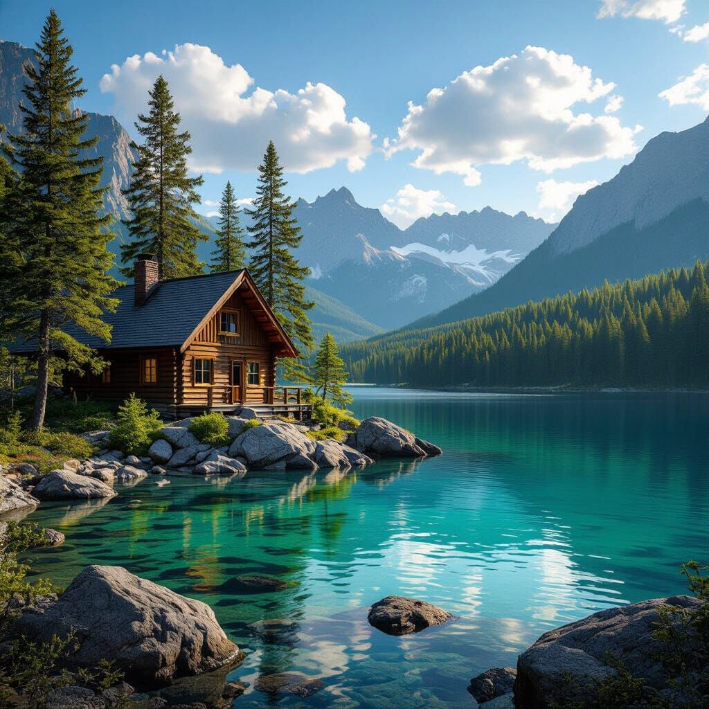 Rustic Lakeside Cabin in Golden Hour Nature Photography