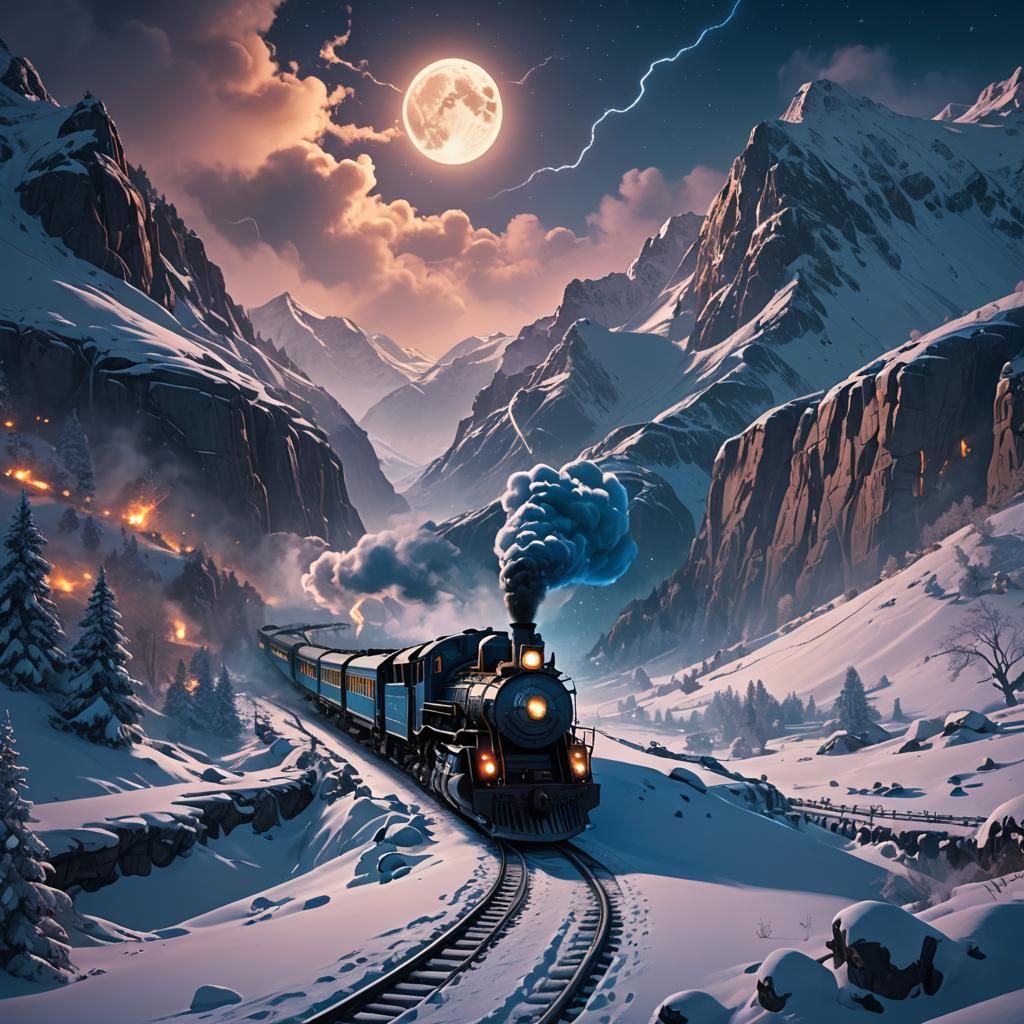 Smoking Train in Winter Valley at Full Moon Night