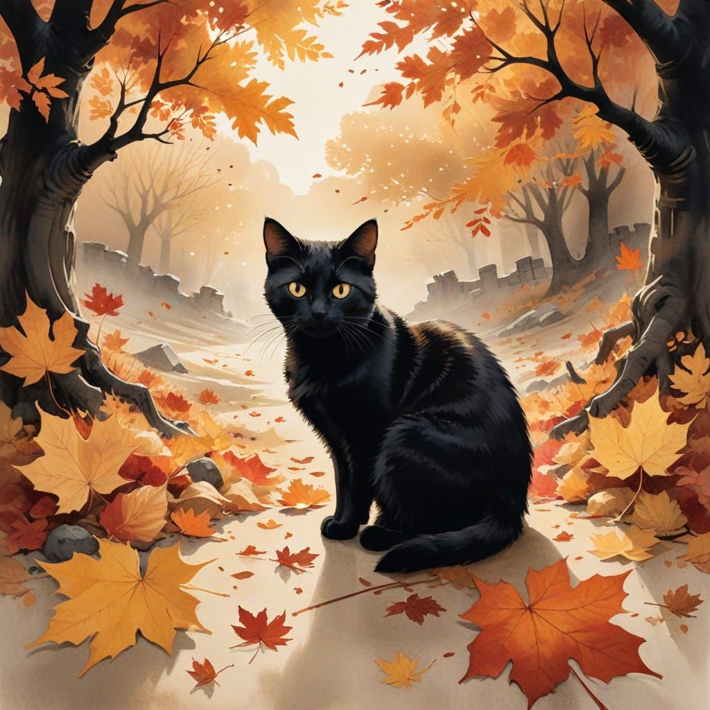 Cat in Autumn Leaves: Ink Wash Painting