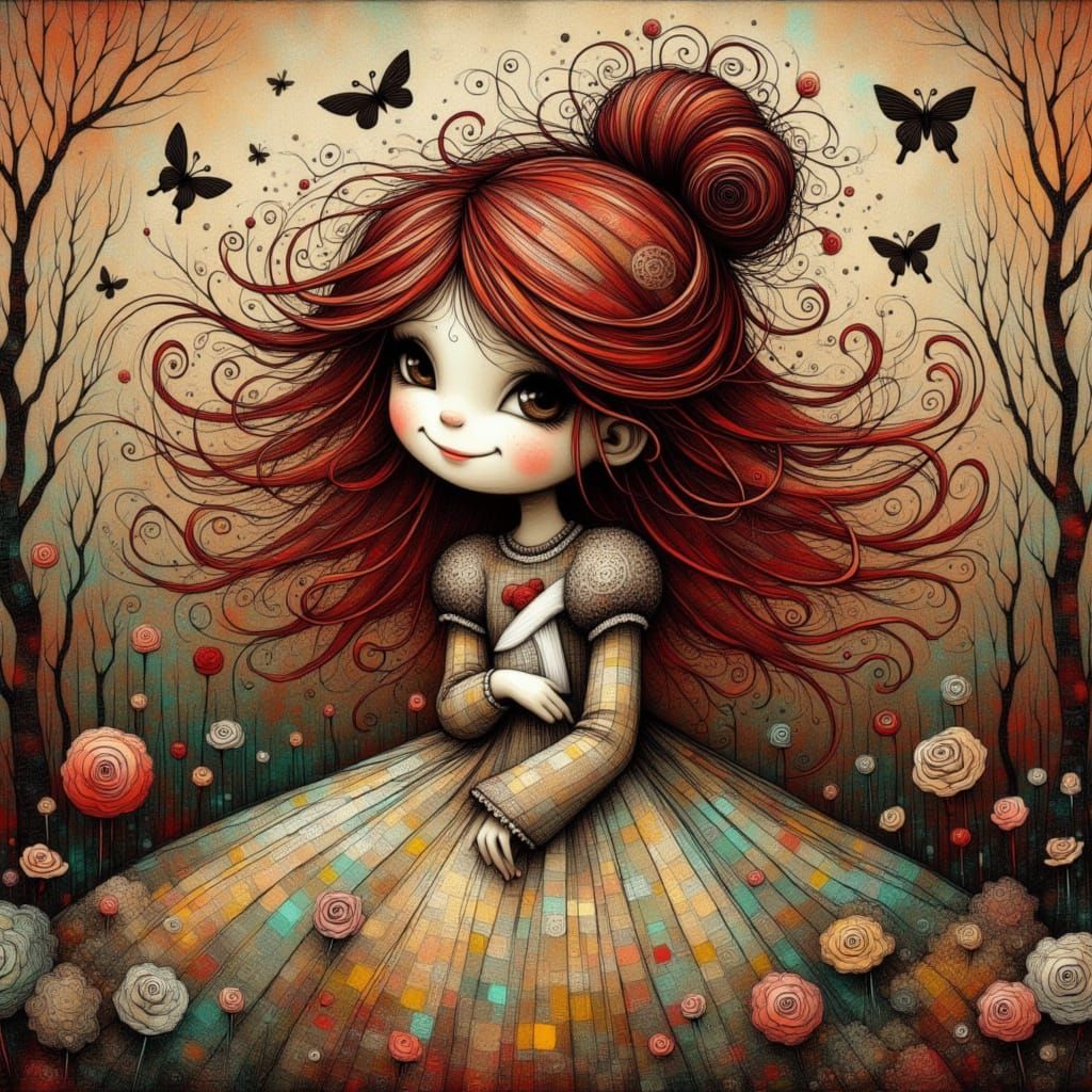 Beautiful Girl in Frilly Dress in Flower Garden