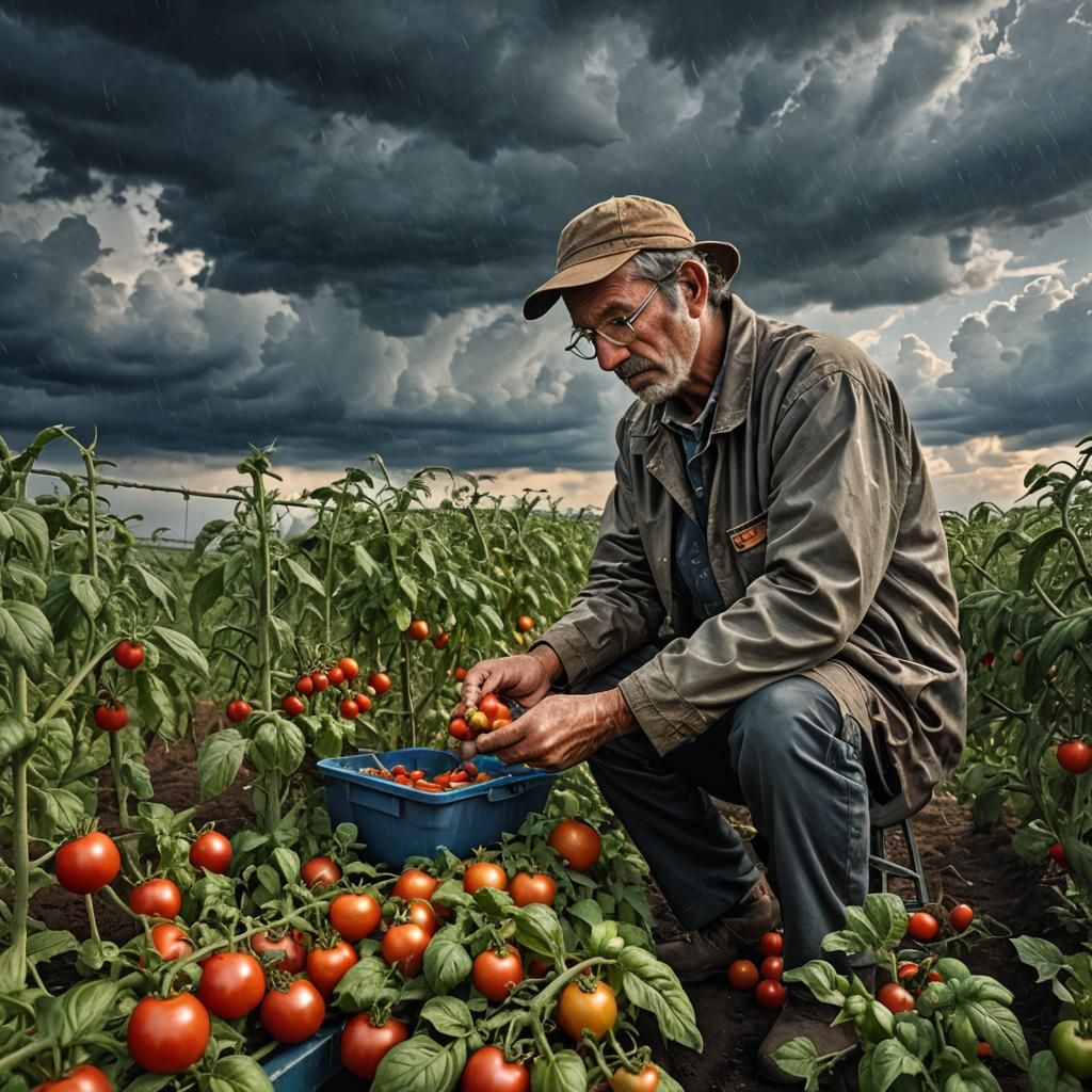 Hyperrealistic Farmer Scientist with Digital Tomato Lab