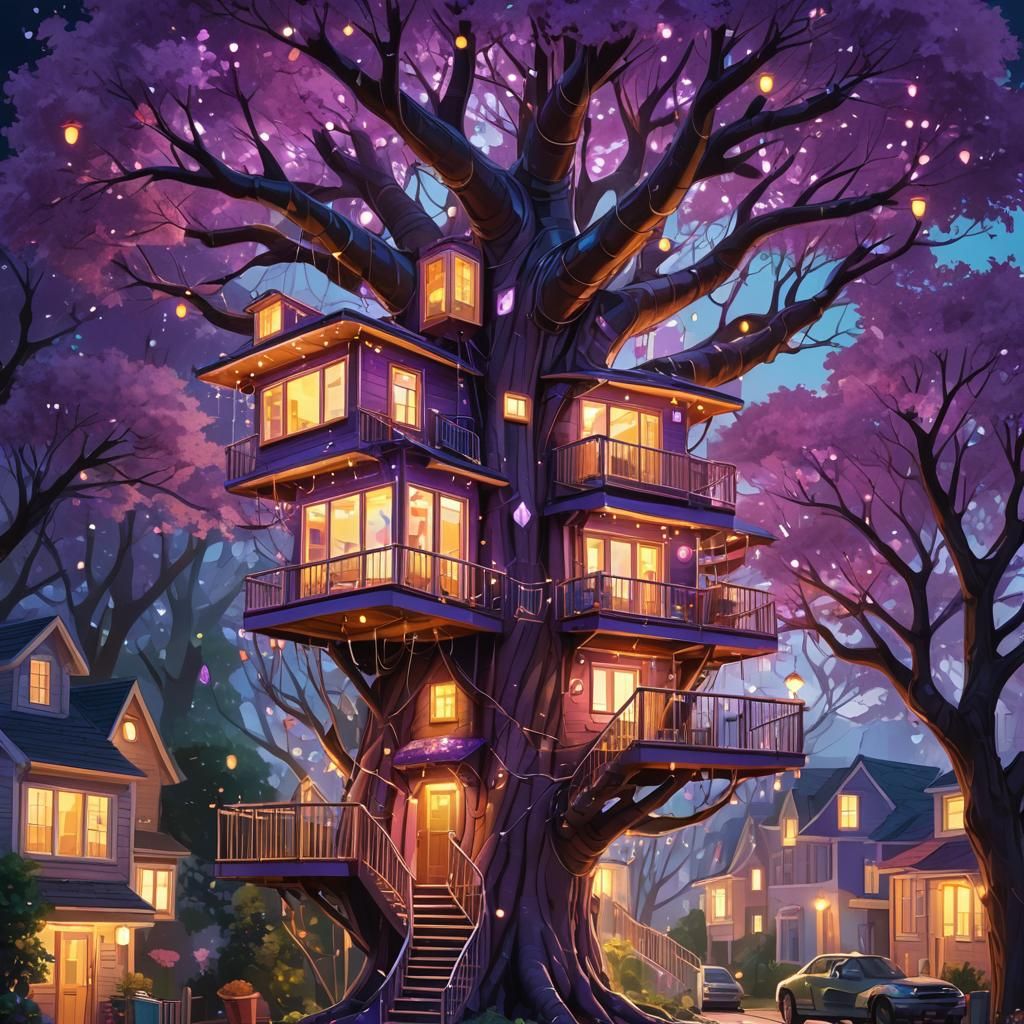 Luxury Treehouse with Twinkling Lights in Candy Art Style