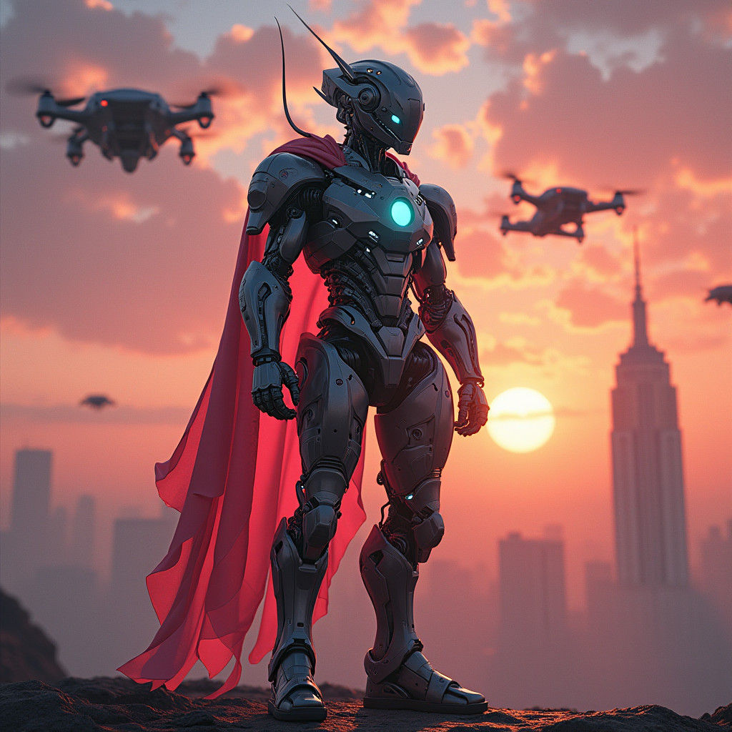 Cyborg Warrior in Neon Cityscape: Digital Art