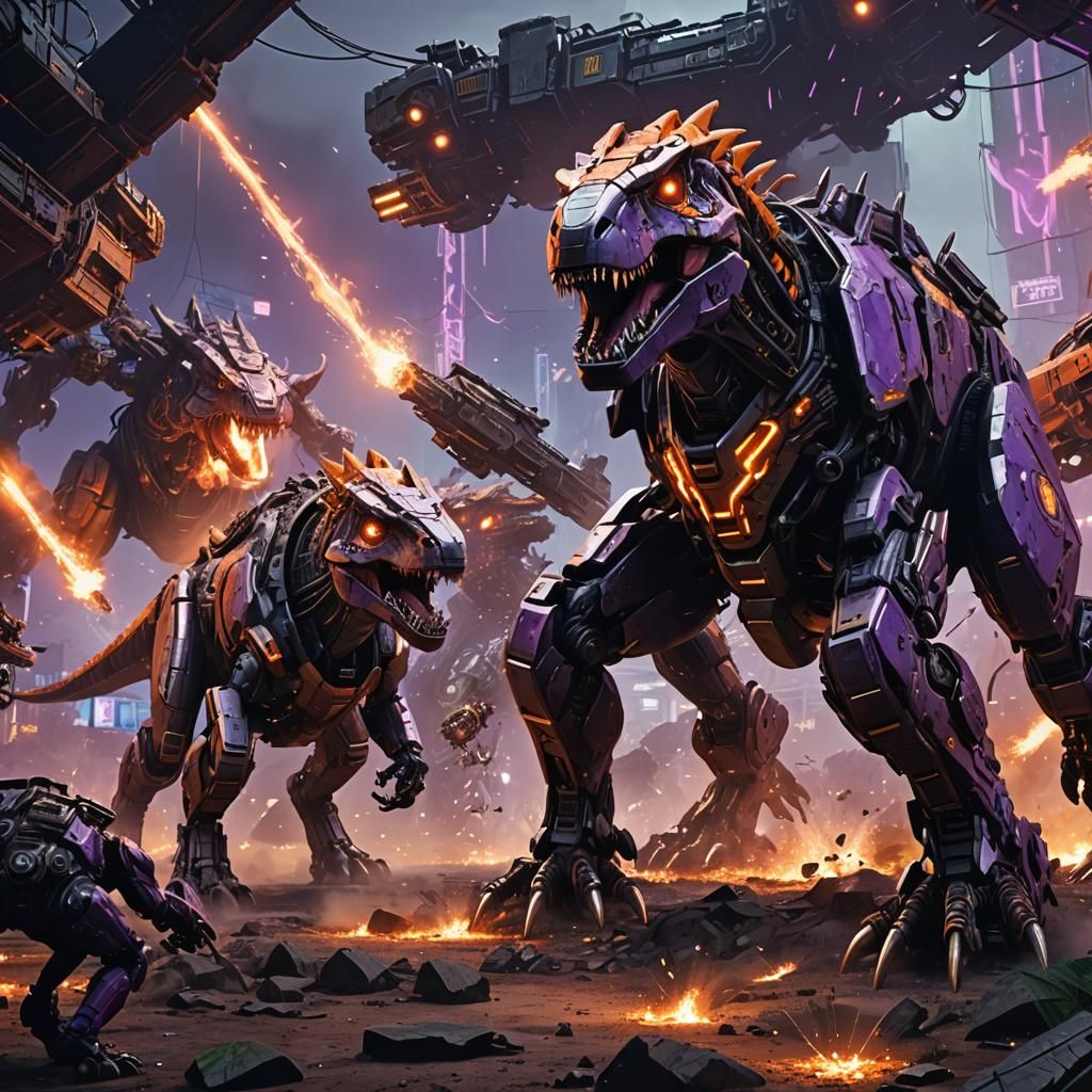 Cyberpunk Mecha Dinosaurs Battle in Metallic Stone Age
