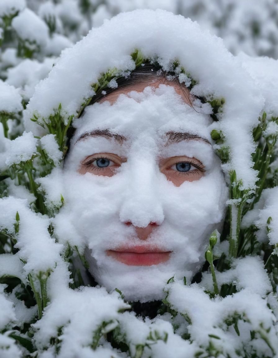 Surreal Snow Face with Floral Growth