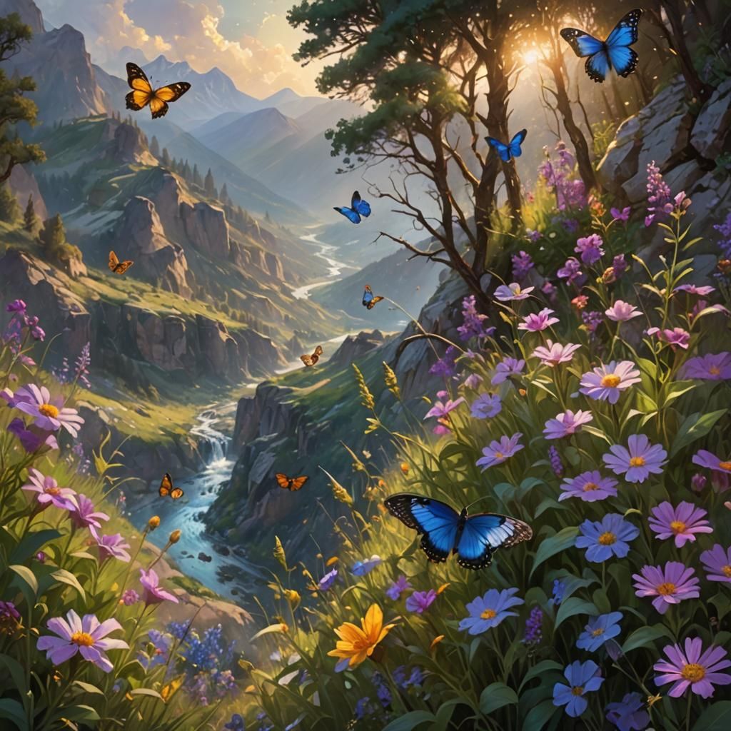 Lush Mountain River with Birds and Butterflies