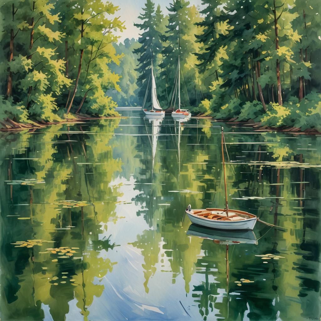Impressionist Sailboats on Lake, Gouache Style
