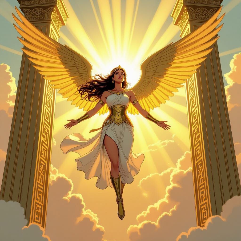 Winged Goddess Ascending Through Golden Gates