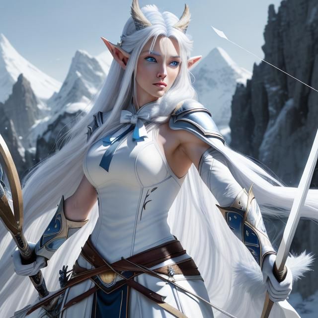 Beautiful Elf Woman with Bow in Anime Style