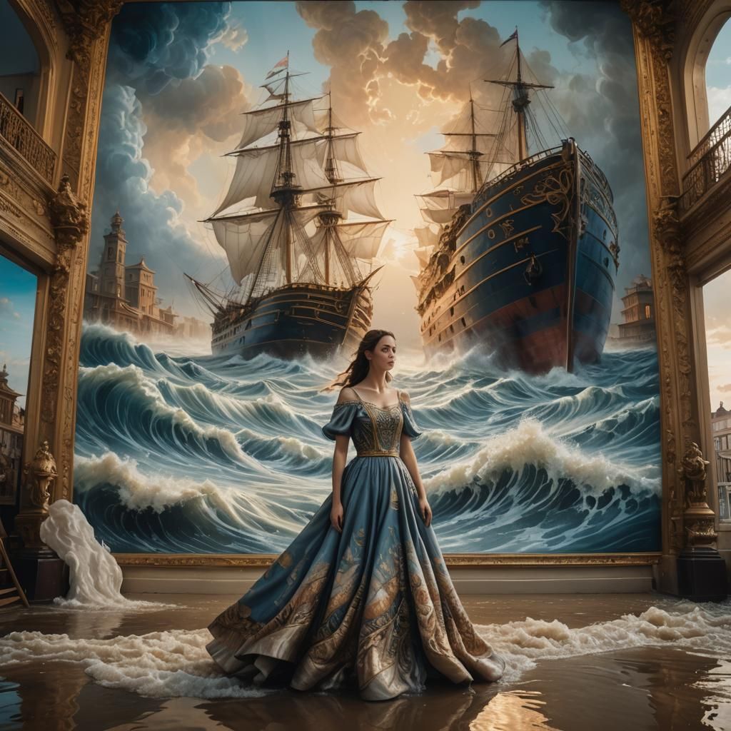 Woman Viewing Ship Painting in Surreal Style