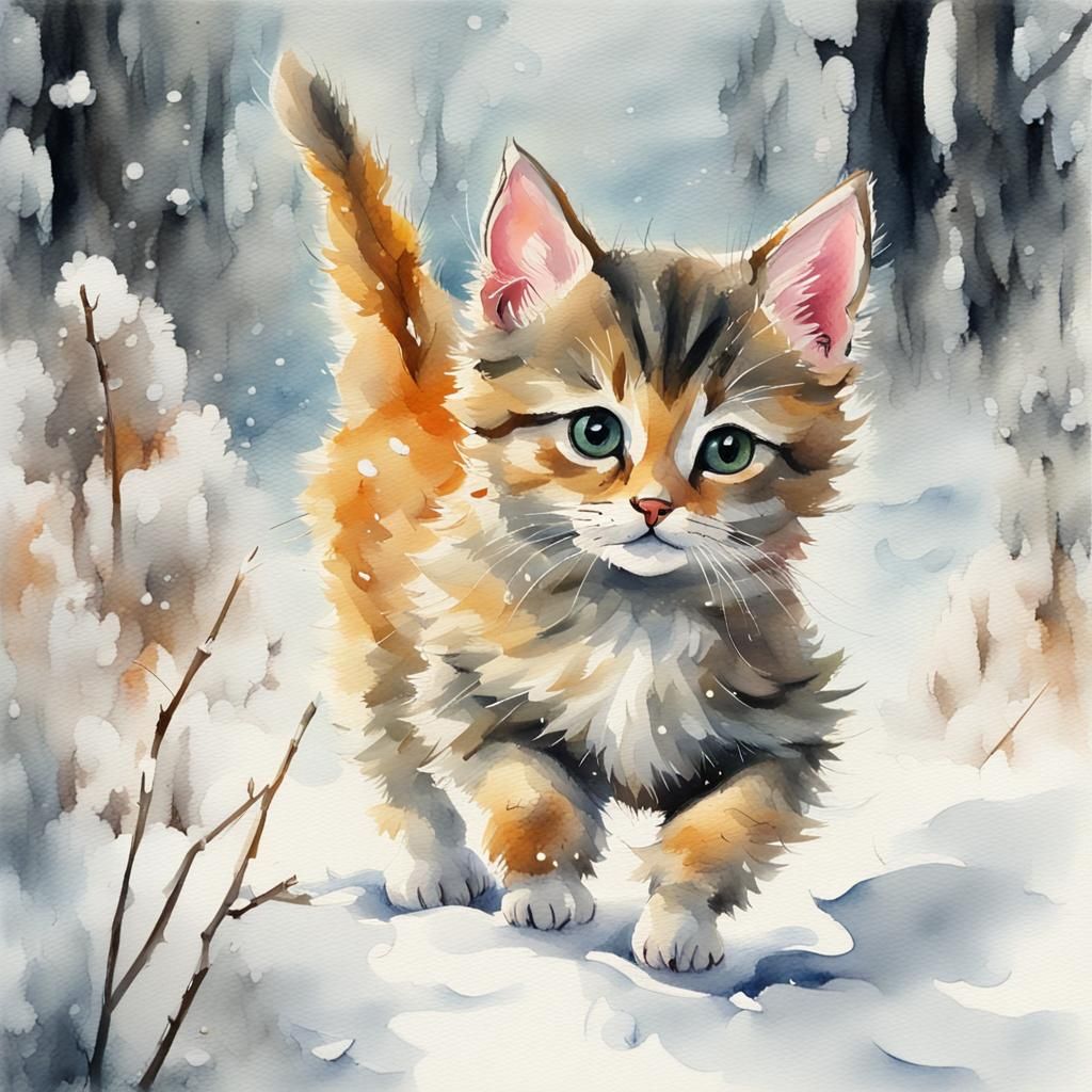 Kitten's Snowy Forest Adventure: Oil, Watercolor, and Ink