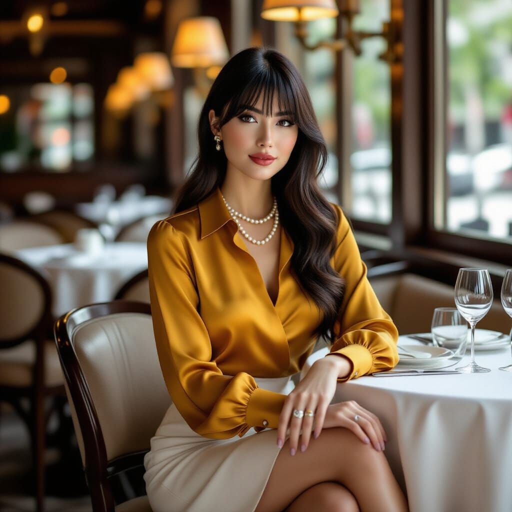 Elegant Woman in Restaurant, Photorealistic Style