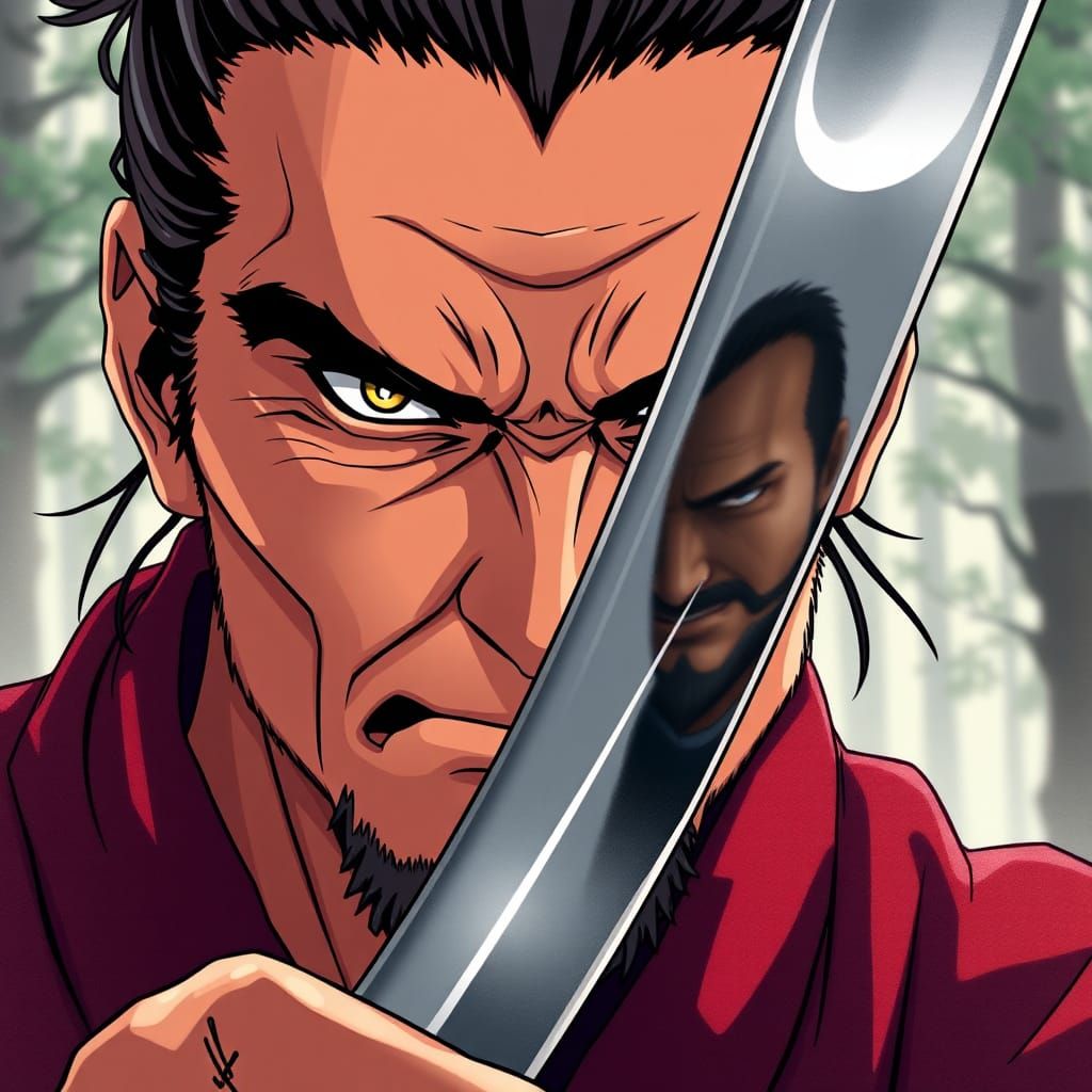Fierce Samurai Warrior with Katana in Anime Style