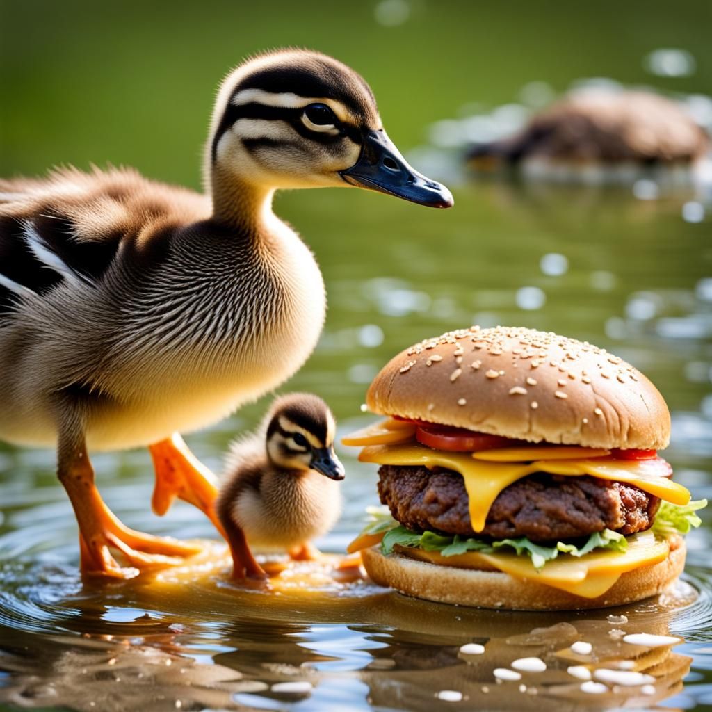 Duckling and Mother with Cheeseburger
