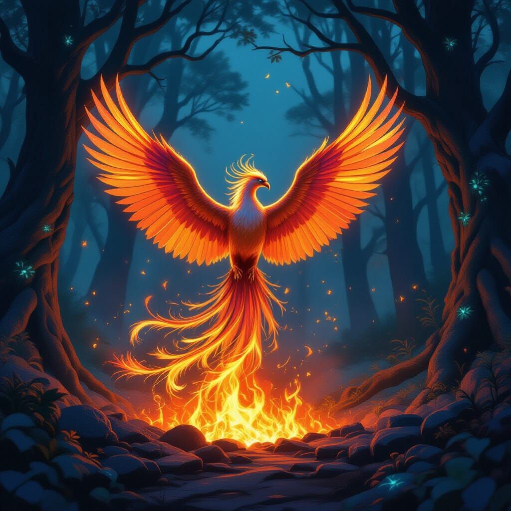 Majestic Phoenix Rises from Embers in Mystical Forest